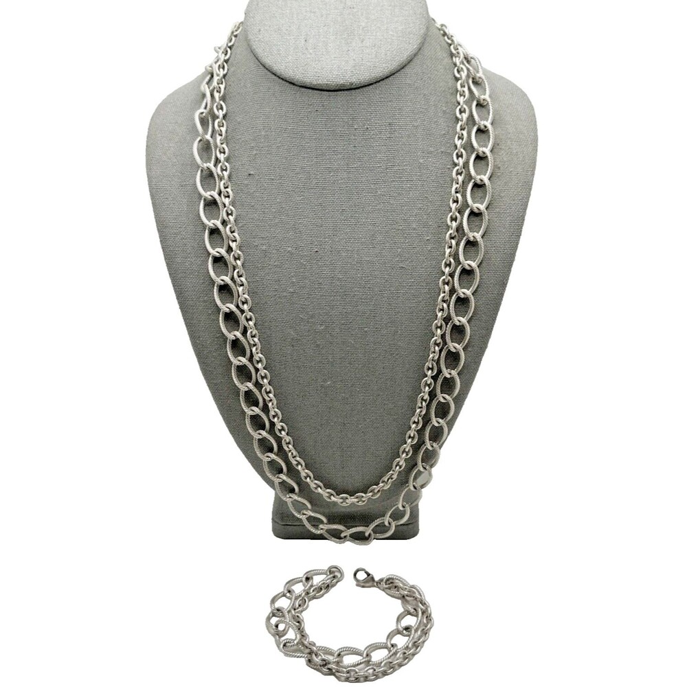 Cuban Chain Necklace Bracelet Set Satin Textured Silver Tone Double Statement